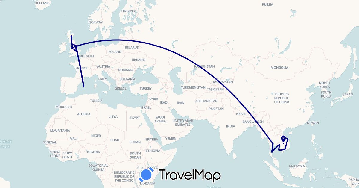 TravelMap itinerary: driving in Spain, United Kingdom, Italy, Cambodia, Laos, Thailand, Vietnam (Asia, Europe)